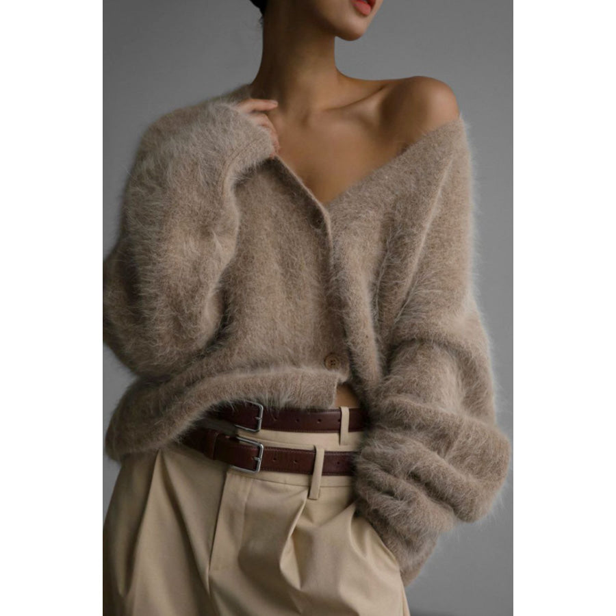 Fuzzy Button Down Long Sleeve Cardigan Khaki / S Apparel and Accessories