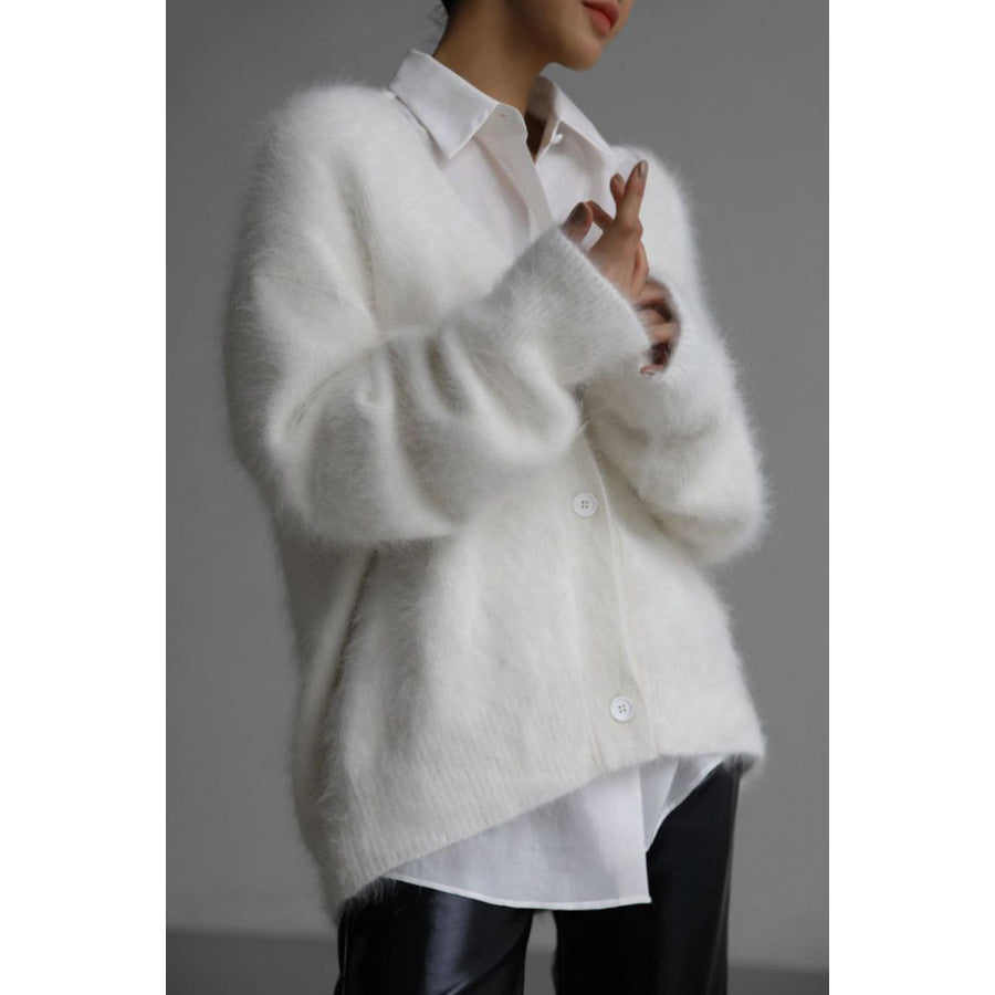 Fuzzy Button Down Long Sleeve Cardigan White / S Apparel and Accessories