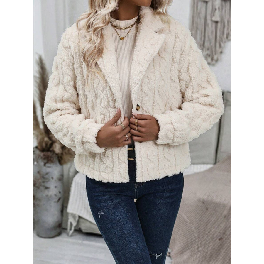 Fuzzy Button Up Collared Neck Jacket Cream / S Apparel and Accessories