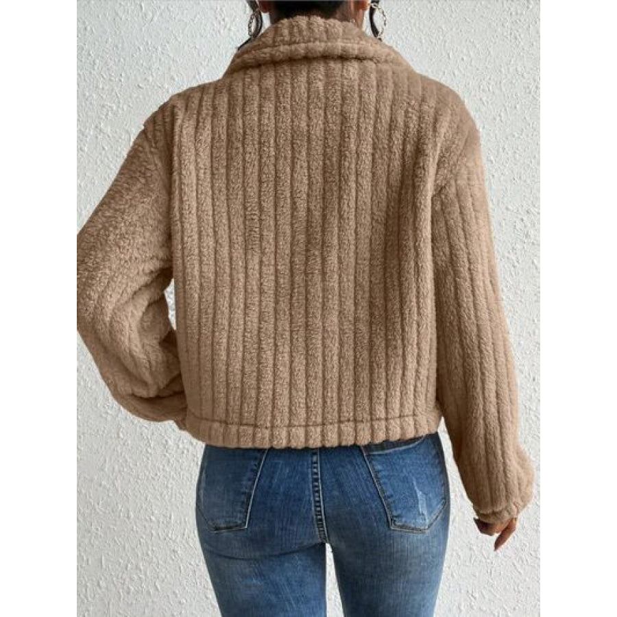 Fuzzy Button Up Collared Neck Jacket Clothing