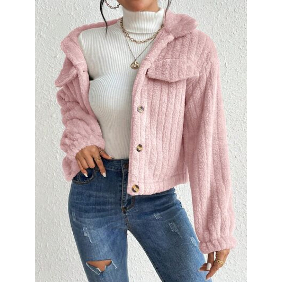 Fuzzy Button Up Collared Neck Jacket Clothing