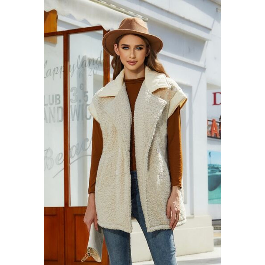 Fuzzy Collared Neck Button Up Vest Coat Ivory / S Apparel and Accessories