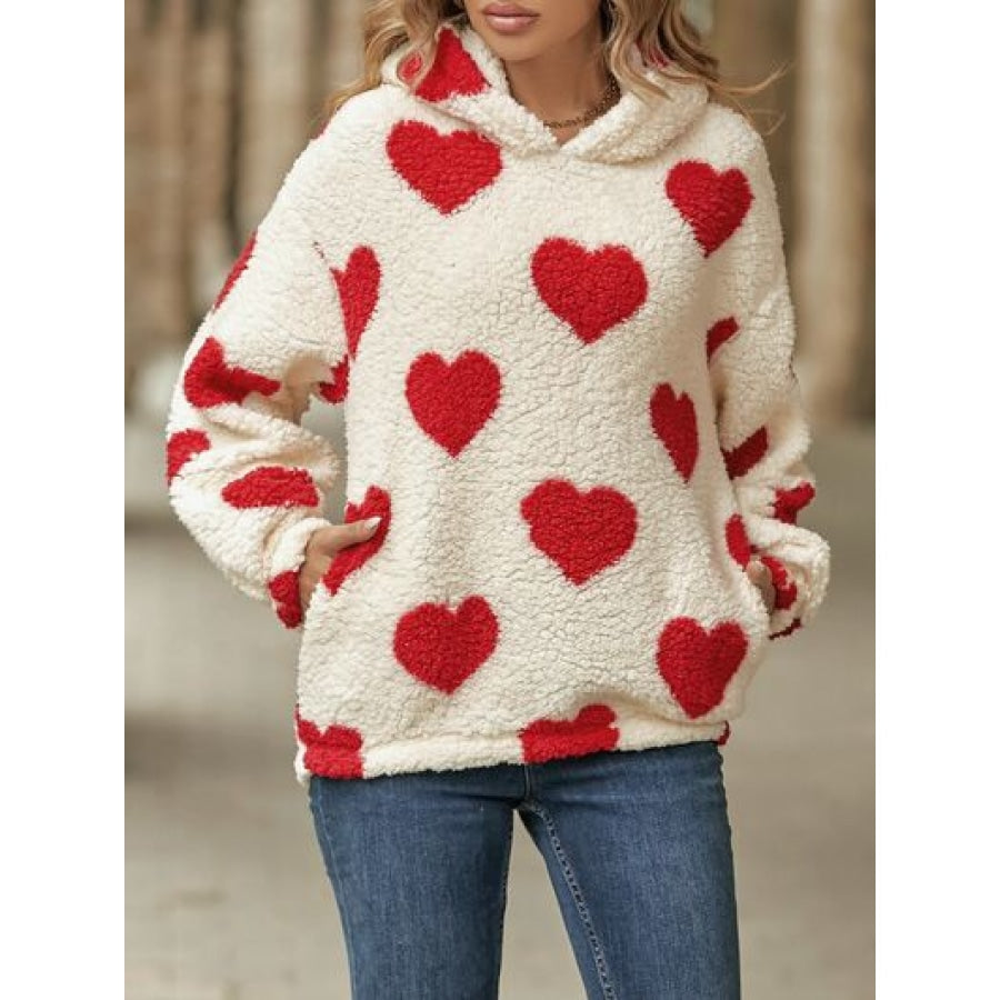 Fuzzy Heart Pocketed Dropped Shoulder Hoodie Deep Red / S Apparel and Accessories