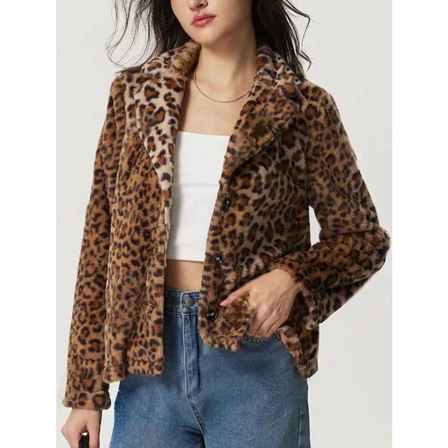 Fuzzy Leopard Collared Neck Jacket Apparel and Accessories