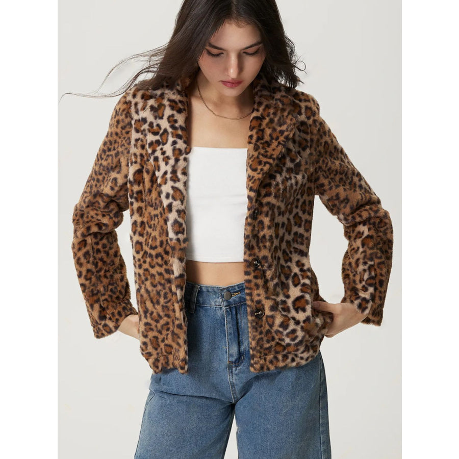 Fuzzy Leopard Collared Neck Jacket Apparel and Accessories