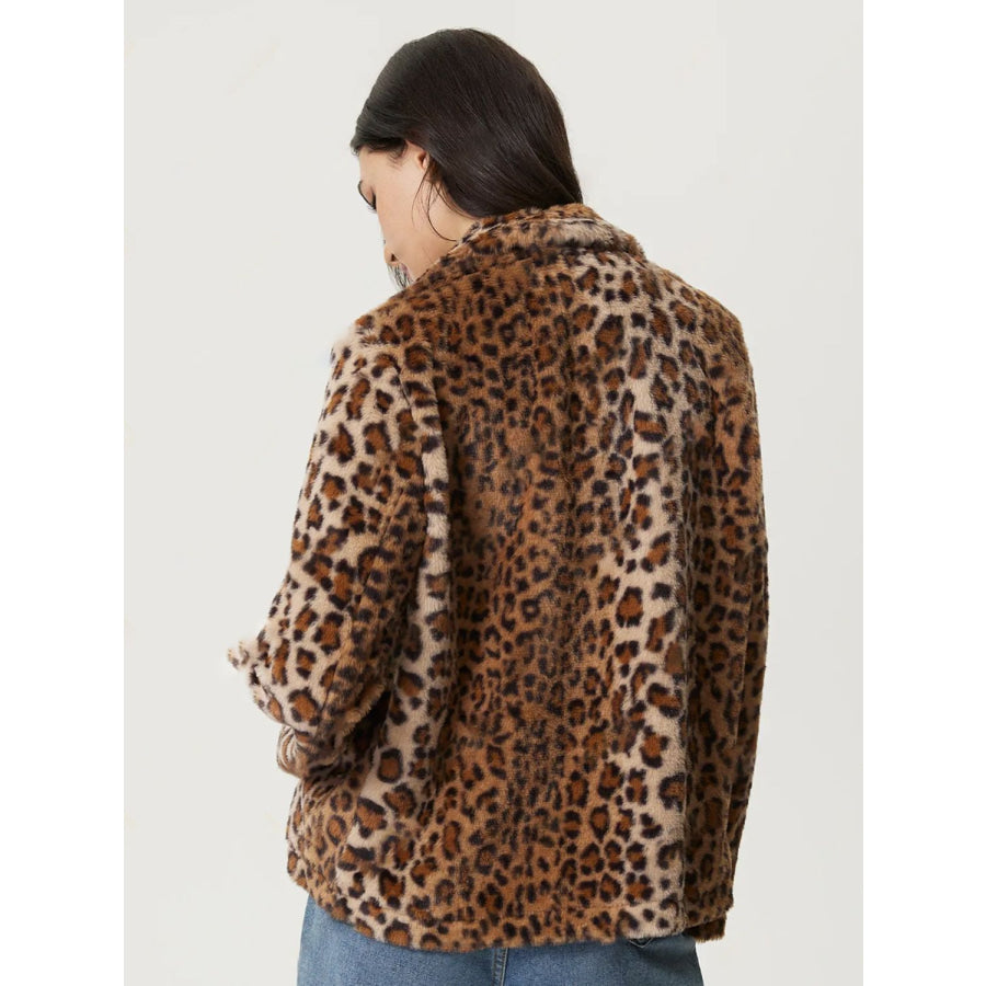 Fuzzy Leopard Collared Neck Jacket Apparel and Accessories