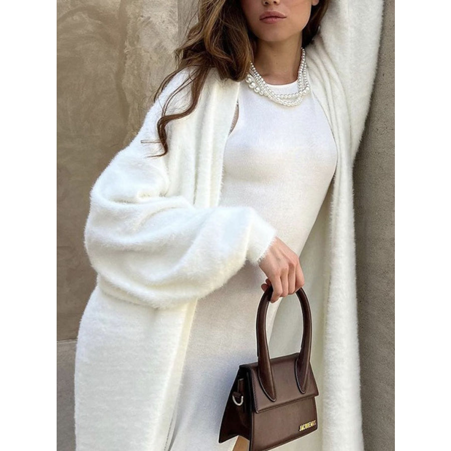 Fuzzy Open Front Solid Color Cardigan White / One Size Apparel and Accessories