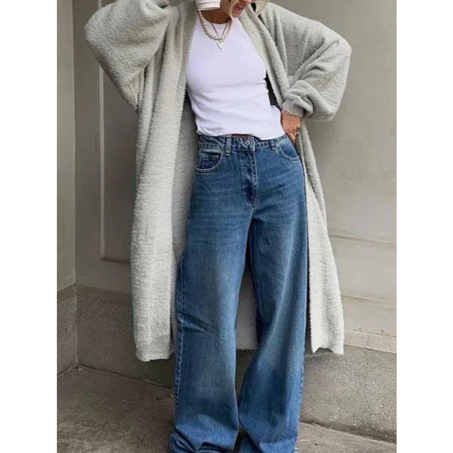 Fuzzy Open Front Solid Color Cardigan Apparel and Accessories