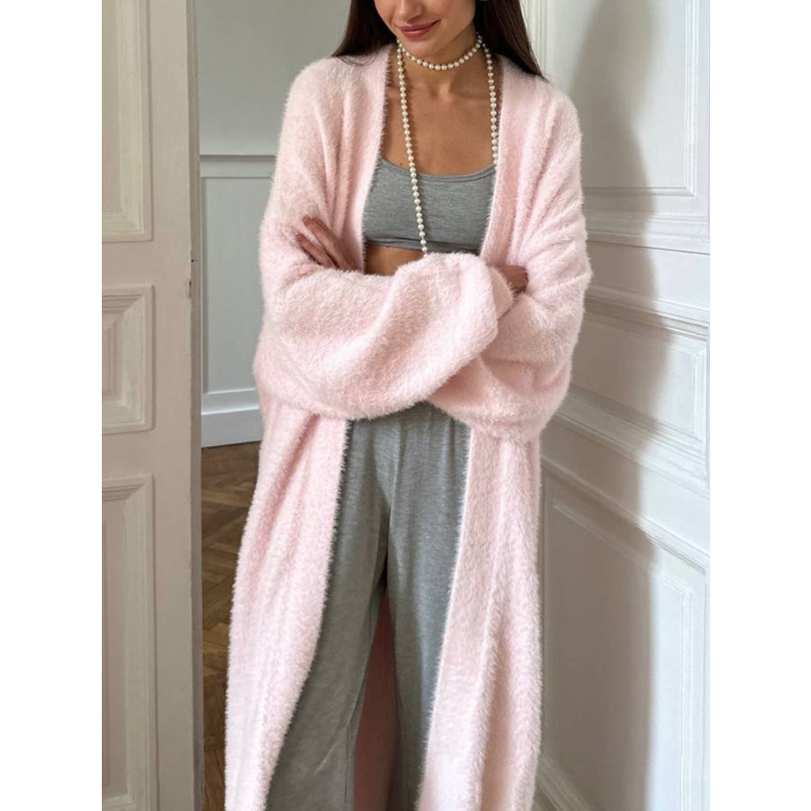 Fuzzy Open Front Solid Color Cardigan Apparel and Accessories