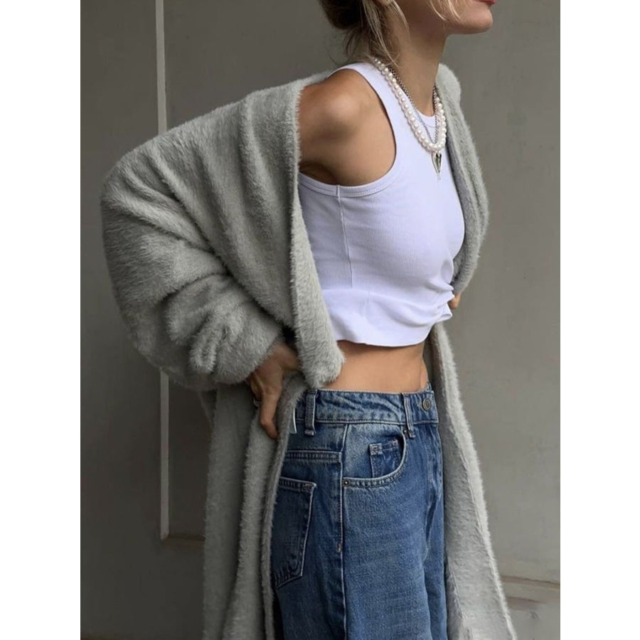 Fuzzy Open Front Solid Color Cardigan Apparel and Accessories