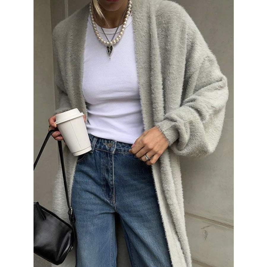 Fuzzy Open Front Solid Color Cardigan Light Gray / One Size Apparel and Accessories