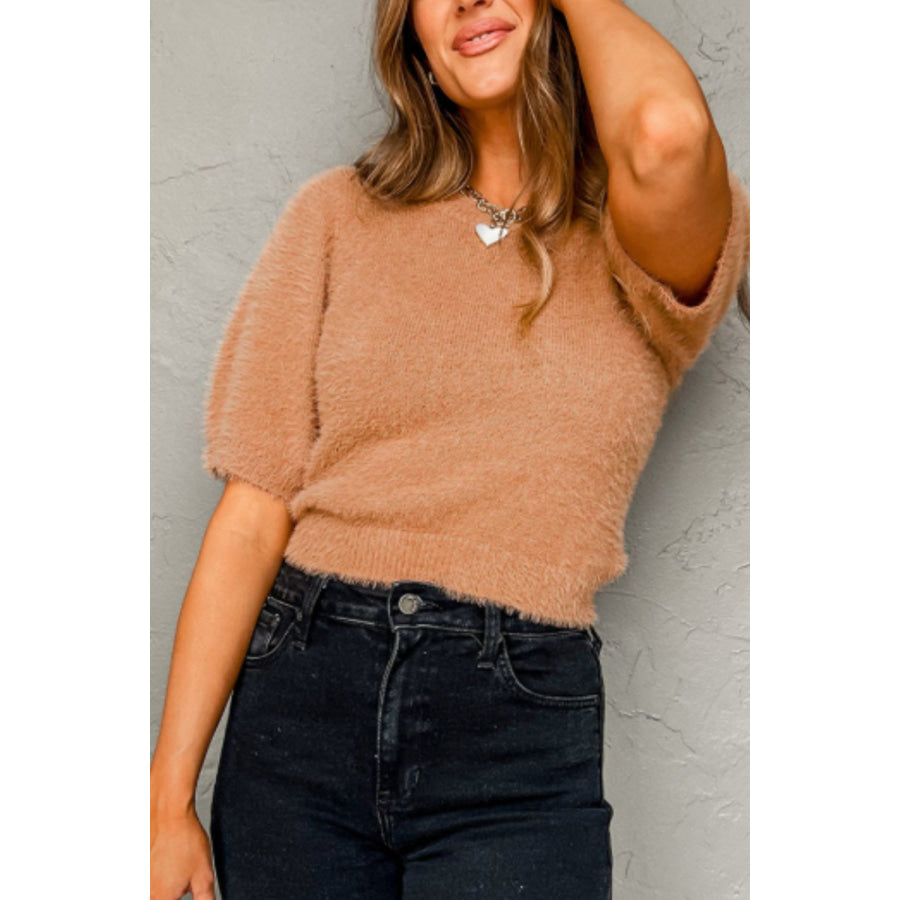 Fuzzy Round Neck Half Sleeve Sweater Apparel and Accessories