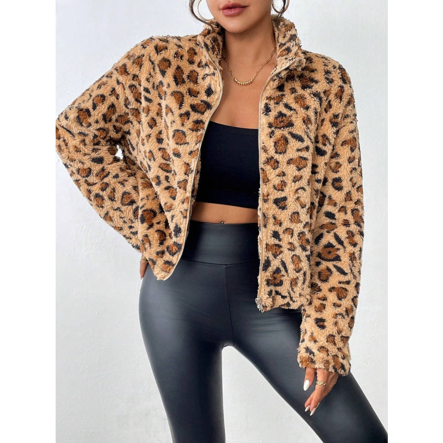 Fuzzy Turtleneck Leopard Zip Up Jacket Apparel and Accessories
