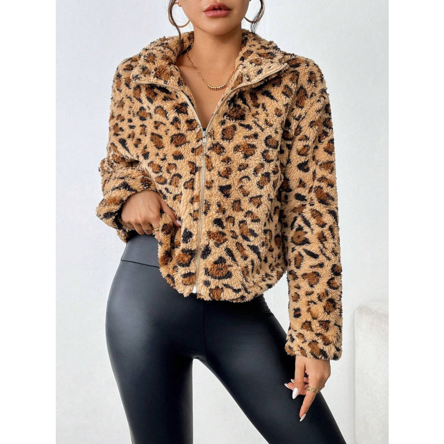 Fuzzy Turtleneck Leopard Zip Up Jacket Apparel and Accessories