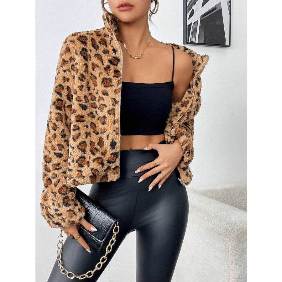 Fuzzy Turtleneck Leopard Zip Up Jacket Apparel and Accessories
