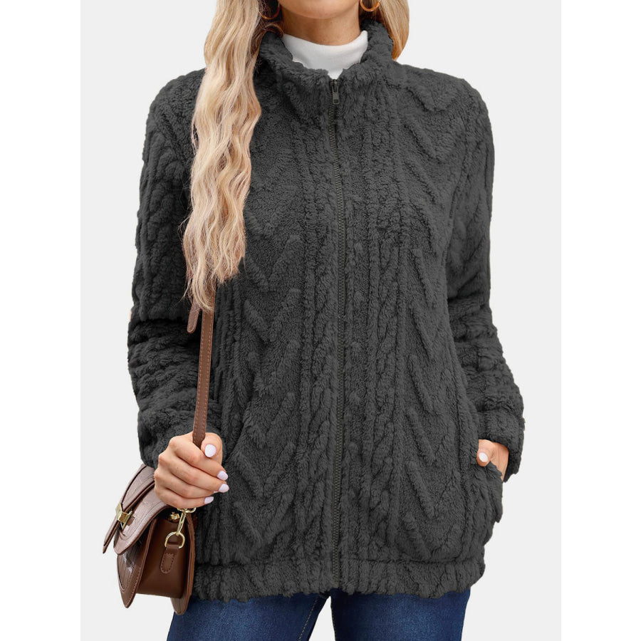 Fuzzy Zip Up Long Sleeve Jacket Apparel and Accessories