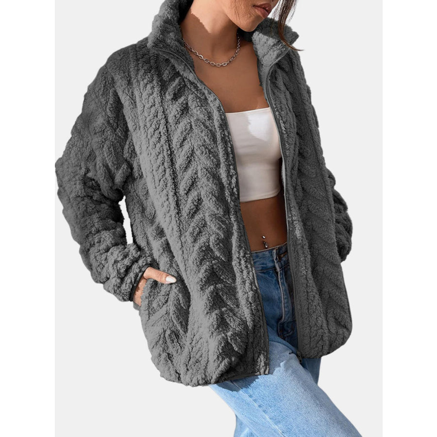 Fuzzy Zip Up Long Sleeve Jacket Dark Gray / S Apparel and Accessories