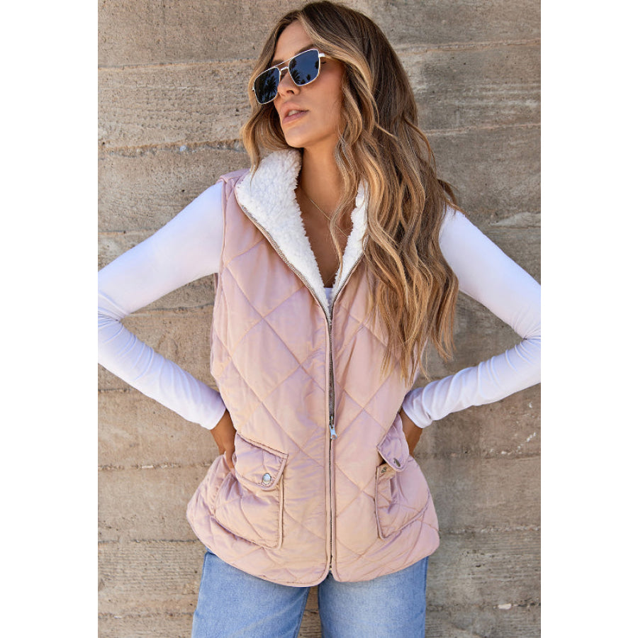 Fuzzy Zip Up Vest Coat with Pockets Apparel and Accessories