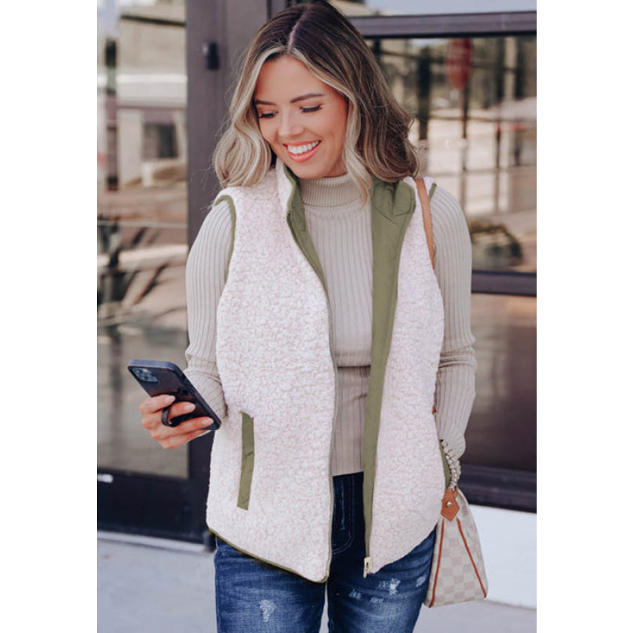 Fuzzy Zip Up Vest Coat with Pockets Apparel and Accessories