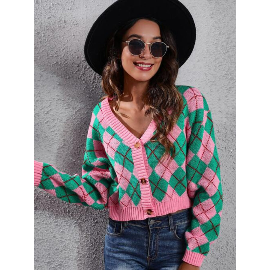 Geometric Button Up Long Sleeve Cardigan Blush Pink / S Shirts & Tops