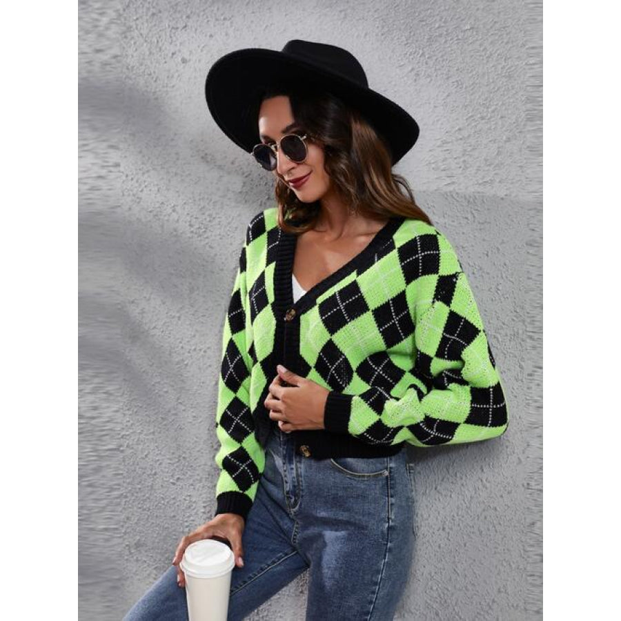 Geometric Button Up Long Sleeve Cardigan Shirts & Tops