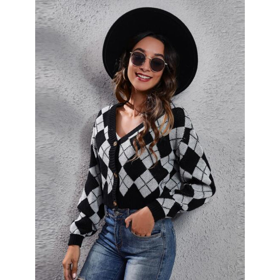 Geometric Button Up Long Sleeve Cardigan Shirts & Tops