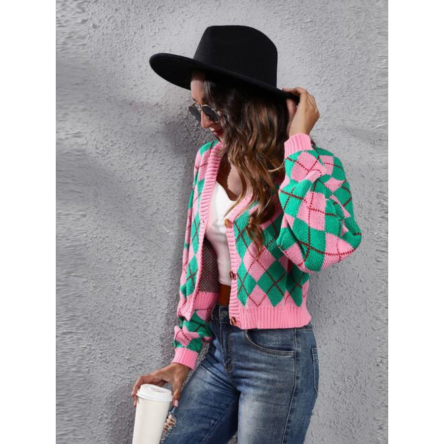 Geometric Button Up Long Sleeve Cardigan Shirts & Tops