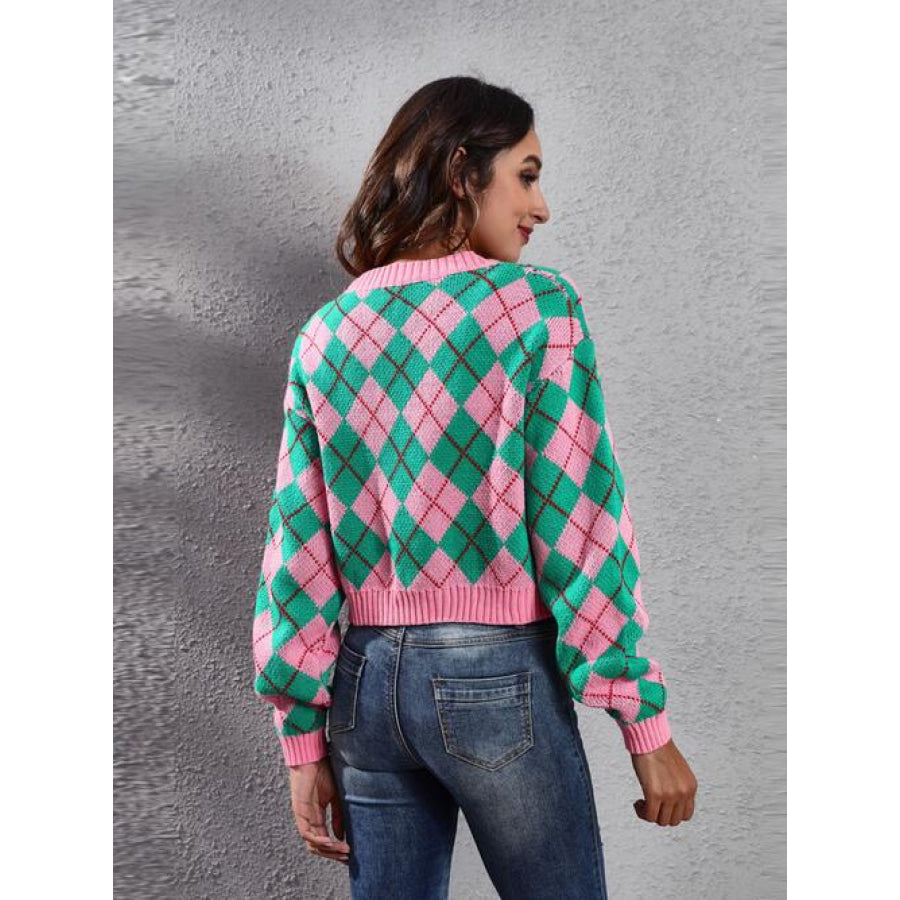 Geometric Button Up Long Sleeve Cardigan Shirts & Tops