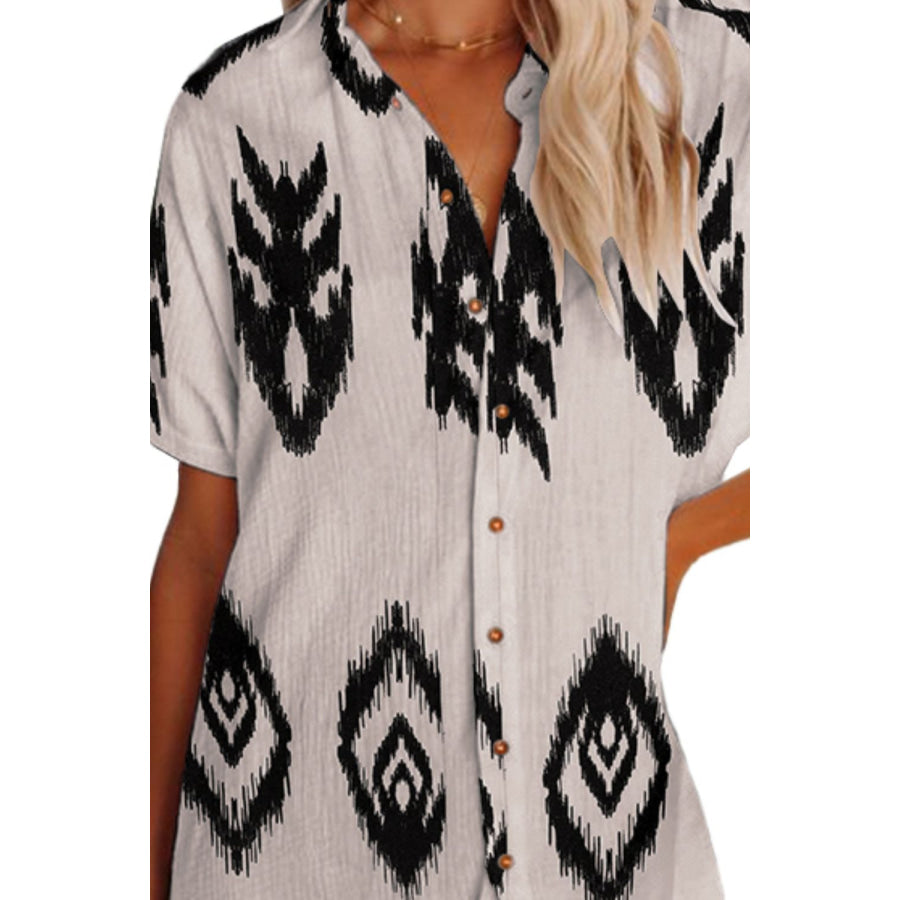Geometric Button Up Short Sleeve Cover Up Apparel and Accessories