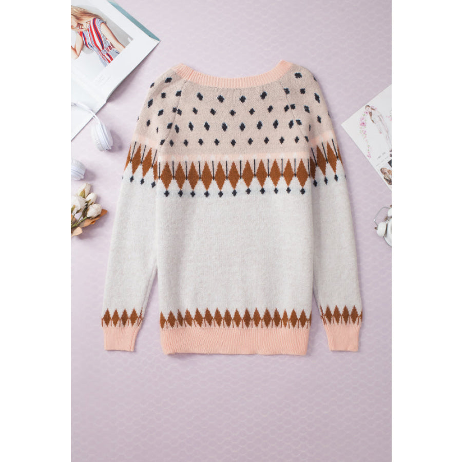 Geometric Contrast Round Neck Long Sleeve Sweater Apparel and Accessories