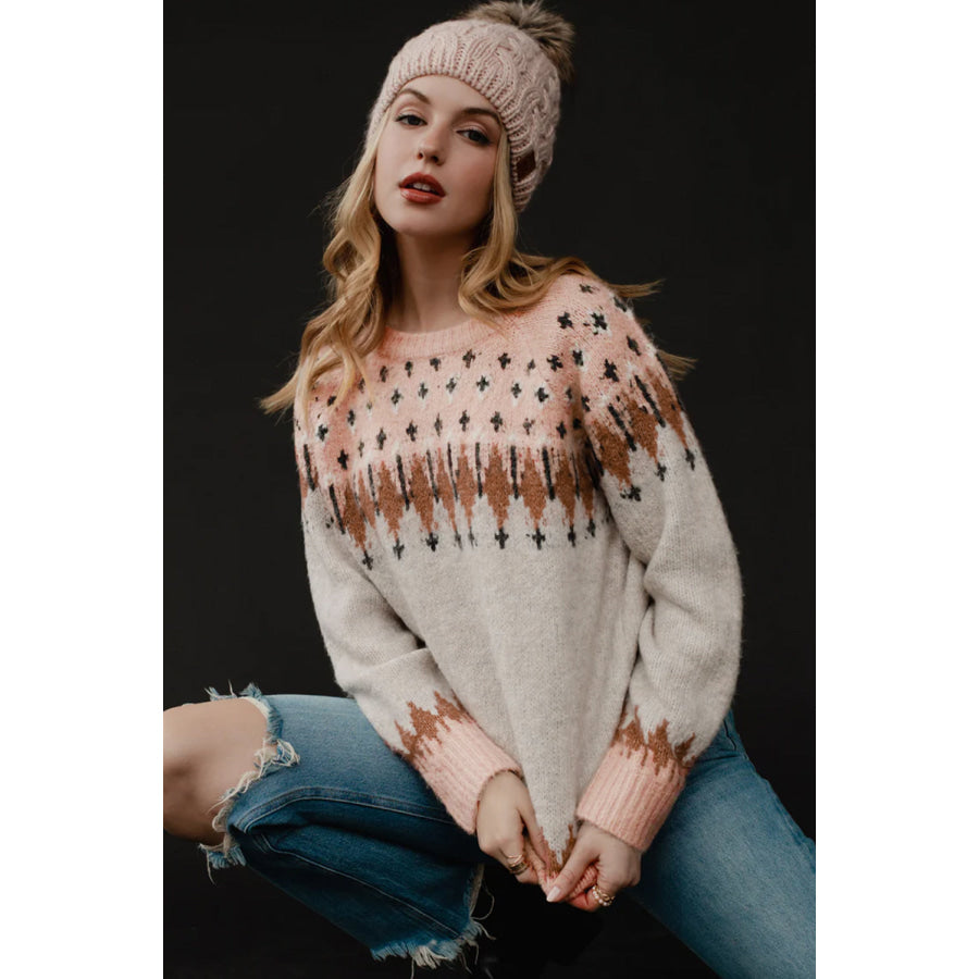 Geometric Contrast Round Neck Long Sleeve Sweater Watermelon pink / M Apparel and Accessories