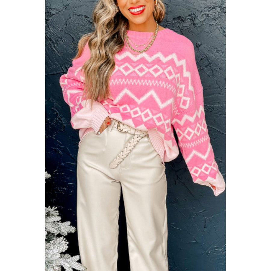 Geometric Drop Shoulder Long Sleeve Sweater Apparel and Accessories