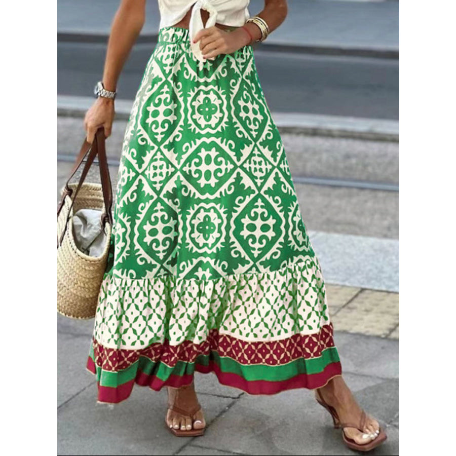Geometric Elastic Waist Maxi Skirt Mid Green / S Apparel and Accessories