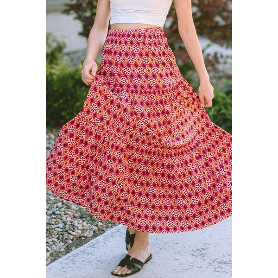 Geometric Elastic Waist Tiered Skirt Clothing