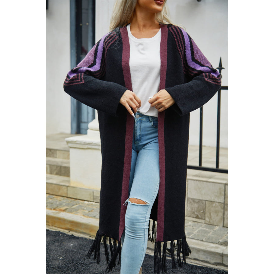 Geometric Fringe Hem Open Front Duster Cardigan Black / S