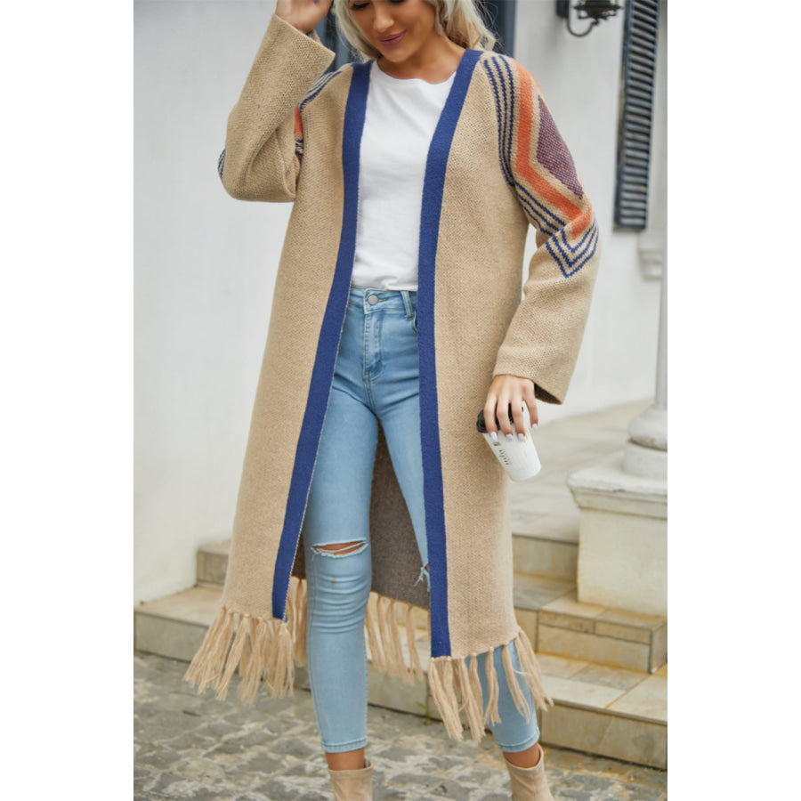 Geometric Fringe Hem Open Front Duster Cardigan Tan / S