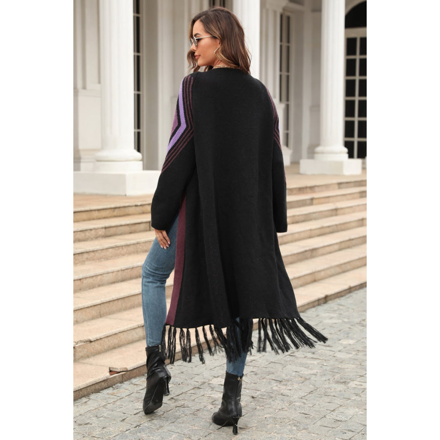 Geometric Fringe Hem Open Front Duster Cardigan