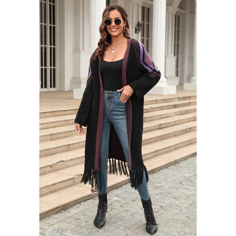 Geometric Fringe Hem Open Front Duster Cardigan