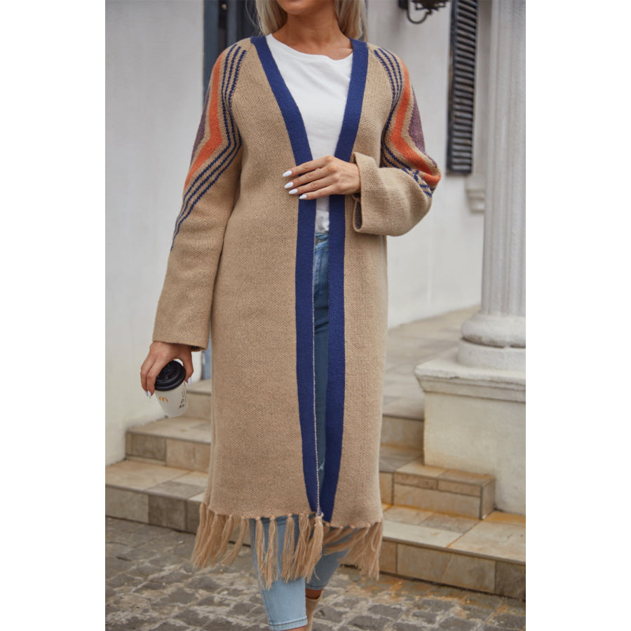 Geometric Fringe Hem Open Front Duster Cardigan Tan / S