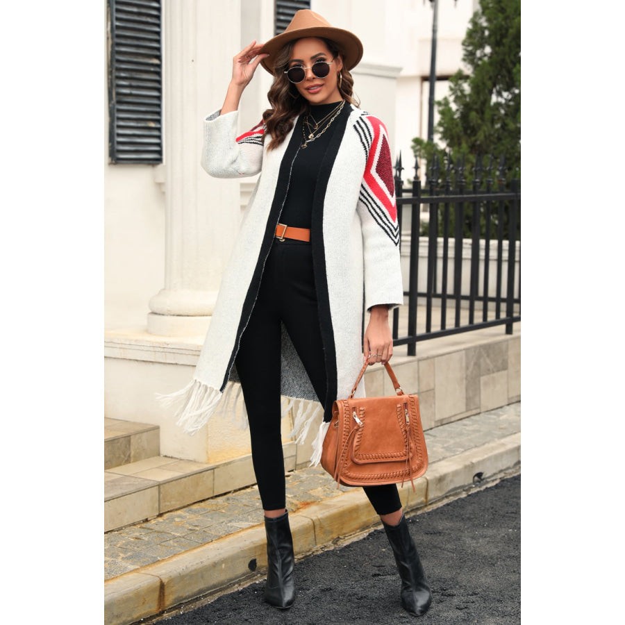 Geometric Fringe Hem Open Front Duster Cardigan