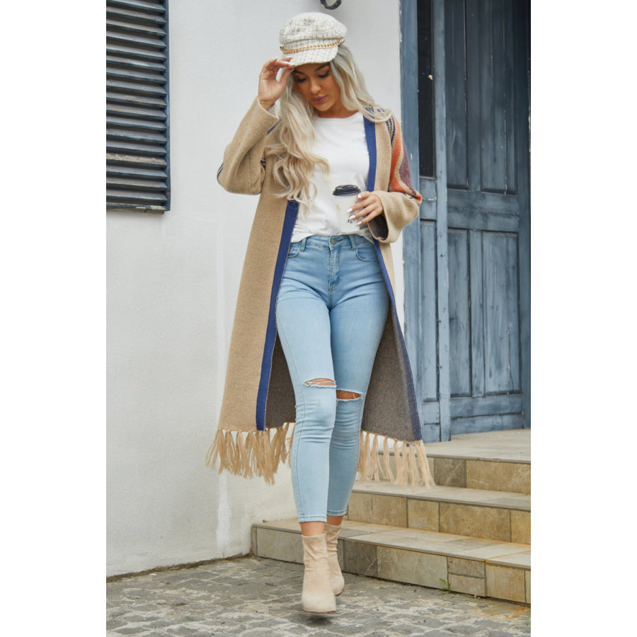 Geometric Fringe Hem Open Front Duster Cardigan