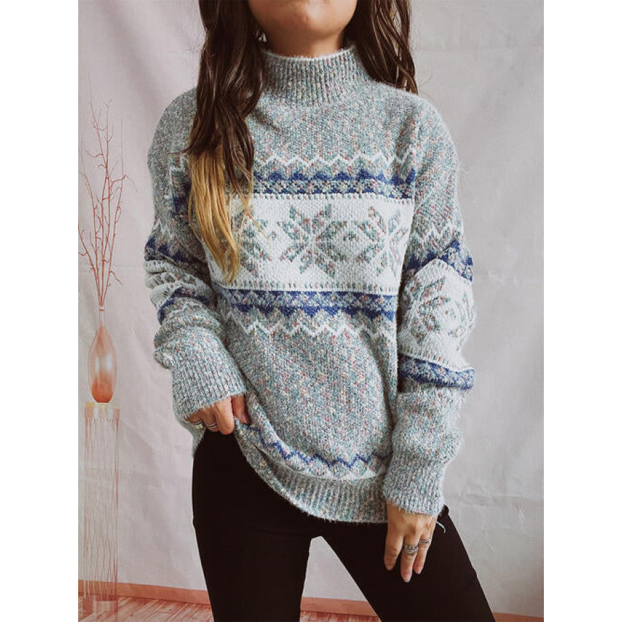 Geometric Mock Neck Dropped Shoulder Sweater Cloudy Blue / S Shirts & Tops