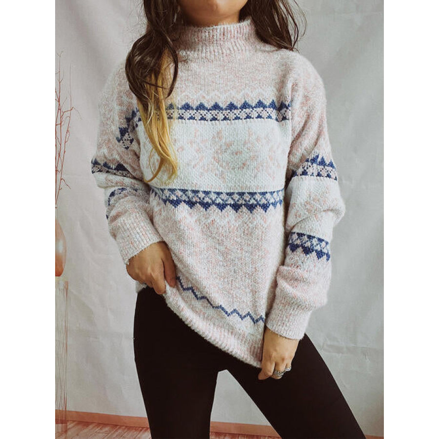 Geometric Mock Neck Dropped Shoulder Sweater Eggshell / S Shirts & Tops