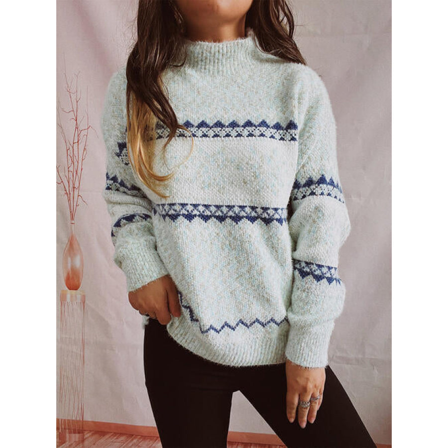 Geometric Mock Neck Dropped Shoulder Sweater Misty Blue / S Shirts & Tops