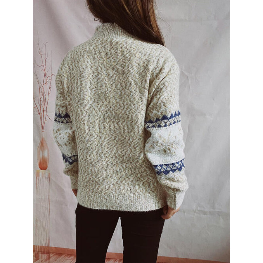 Geometric Mock Neck Dropped Shoulder Sweater Shirts & Tops