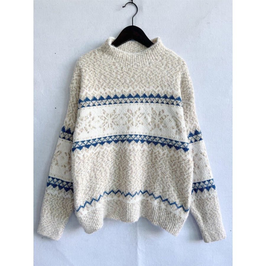 Geometric Mock Neck Dropped Shoulder Sweater Shirts & Tops