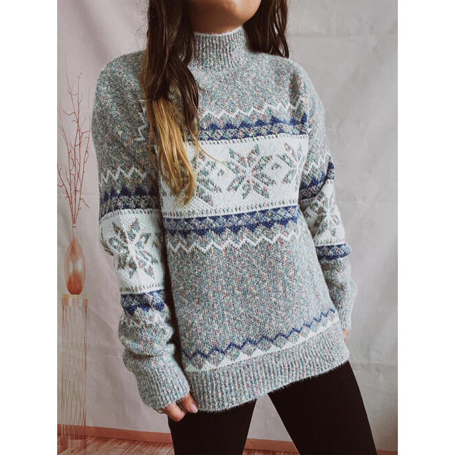 Geometric Mock Neck Dropped Shoulder Sweater Shirts & Tops