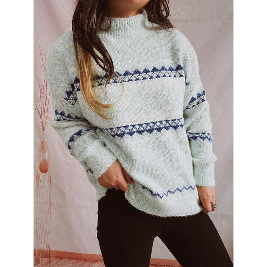 Geometric Mock Neck Dropped Shoulder Sweater Shirts & Tops