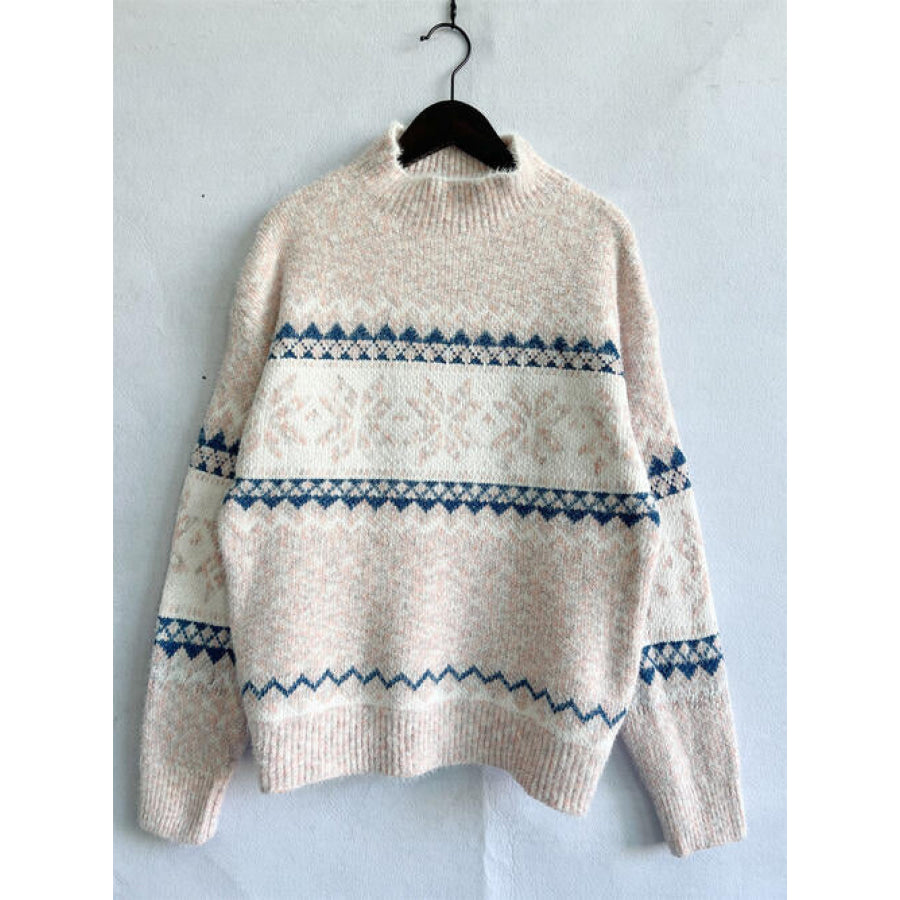 Geometric Mock Neck Dropped Shoulder Sweater Shirts & Tops