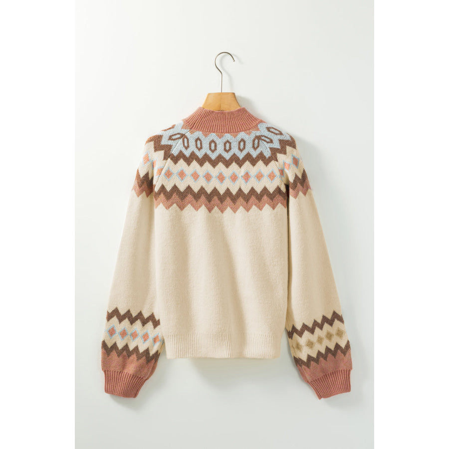 Geometric Mock Neck Long Sleeve Sweater Apparel and Accessories